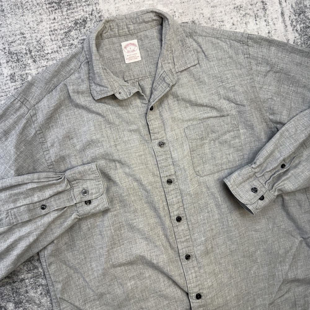 Brooks Brothers Shirt Men Large Gray Cotton Wool Flannel Lightweight Regular Fit